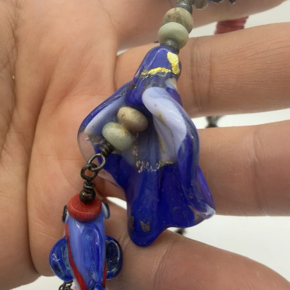 Vtg Sterling Silver Hand blow Glass Bead Necklace Fish Red Coral Y Drop Signed